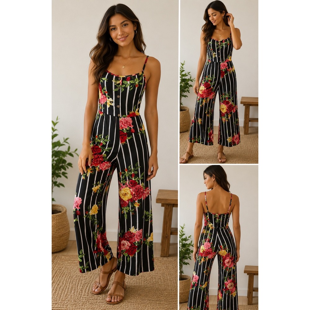 Love Jumpsuit Womens Small Black Floral Striped Wide Leg Button Cami